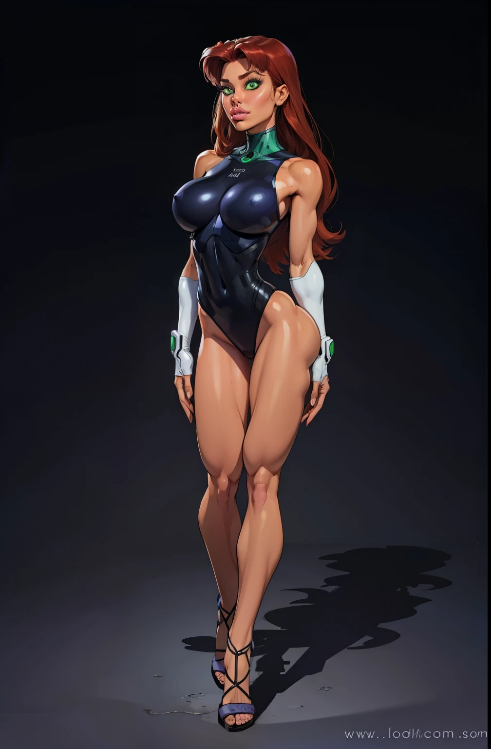 full body, standing on her feet, futuristic background, sexy appearance, starfire, red hair, ((orange skin)), ((wide hips)), large breasts,breasts together, cleavage, makeup, (purple swimsuit), mascara, long hair, beautiful eyes, large iris, ((green eyes)), Lips are soft or colored, simple black background, simple color palettes, clean, Crisp drawings, fluid silhouettes,purple vintage futuristic swimsuit, retro futurism, retro futurism, Asymmetric, geometric, Different designs, simple silhouettes, Technology style, future, high fashion, Simplicity and sophistication, sexy, slim, short purple outfit, sexy, Erotic, cleavage, youthful appearance, sweaty, in a robot, Evangelion purple