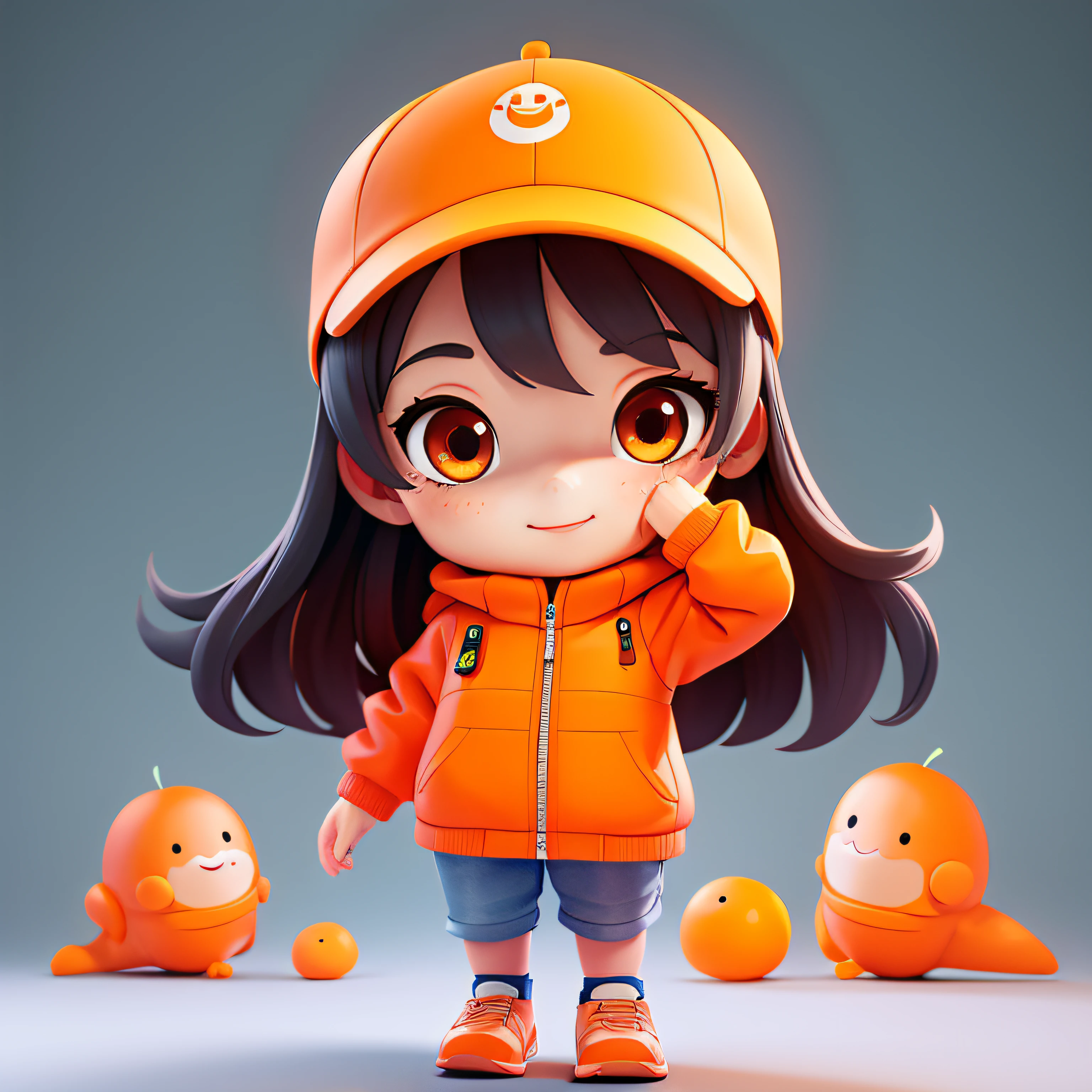 (obra de arte,melhor qualidade:1.5), Personagem 3D, 1 garota, chibi, Umaru chan, roupas laranja, (corpo todo:1.2), fundo transparente,