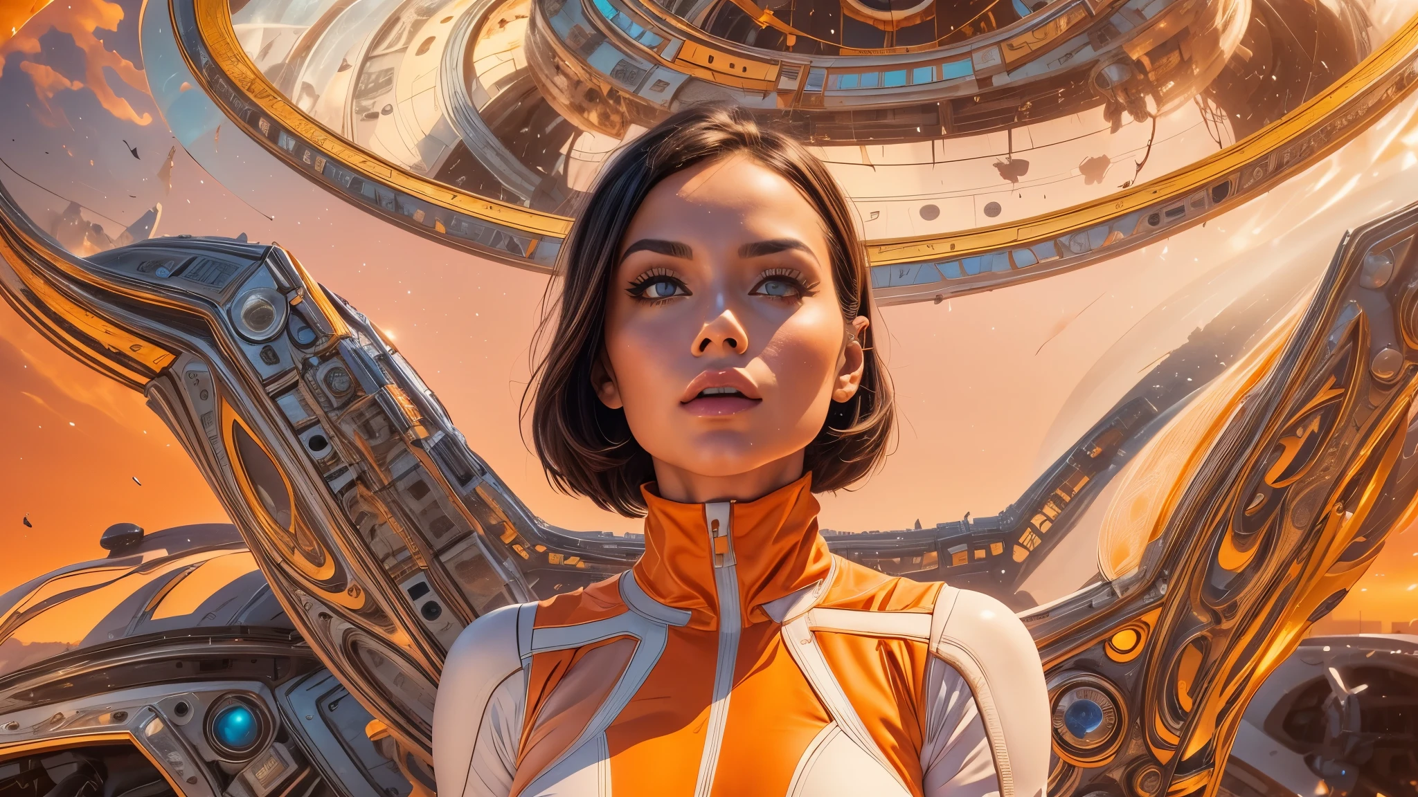 arafed image of a white woman in a futuristic suit with a spaceship in the background, movie art, in front of an orange background, inspired by Robert McGinnis, female protagonist, megastructure in the background, portrait of an ai astronaut, astronauts, an astronaut, portrait of a astronaut skeletor, perfect android girl, detailed eyes, perfectly detailed teeth, frank franzzeta and sakimichan  