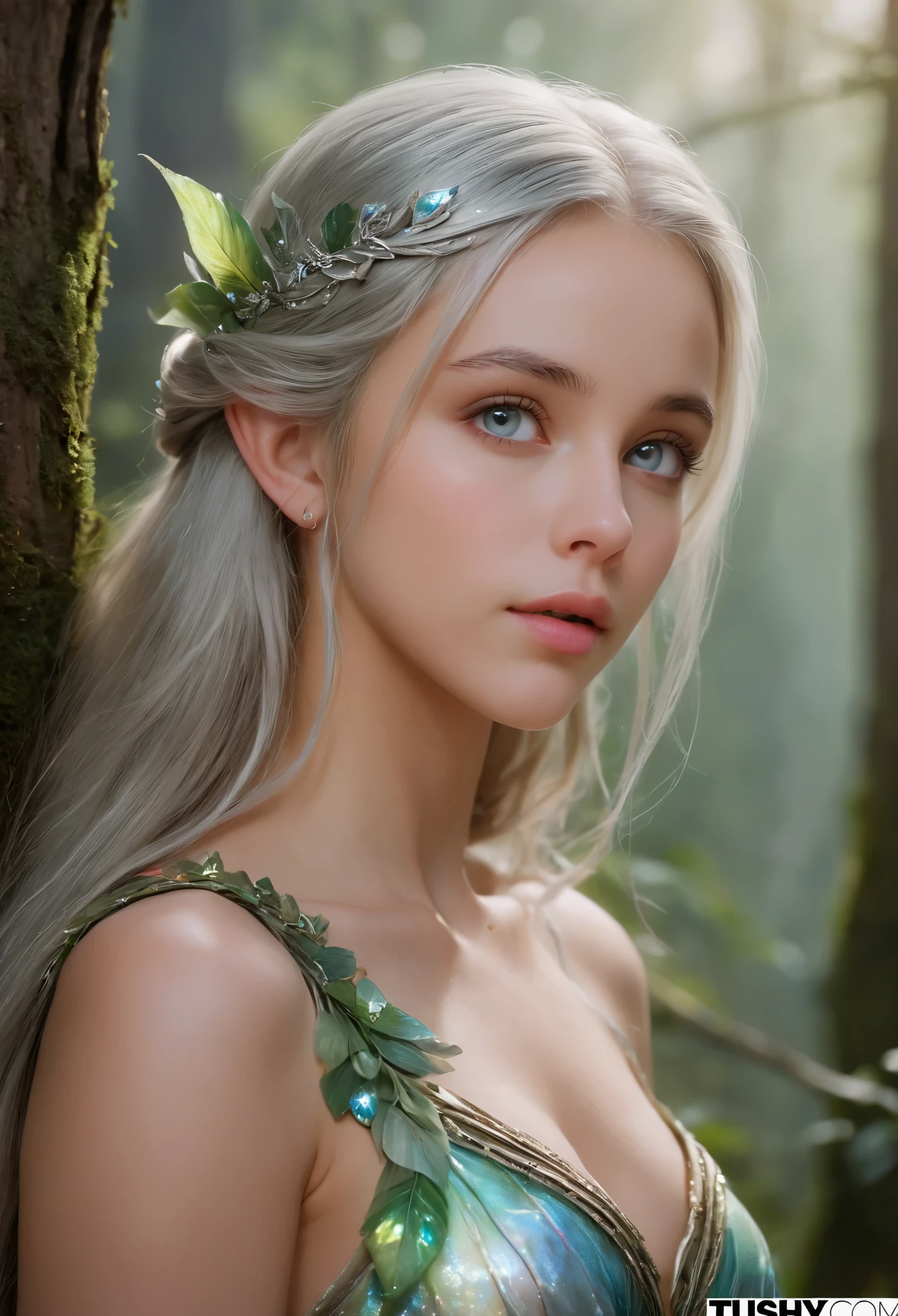 (best quality,4k,8k,highres,masterpiece:1.2),ultra-detailed,(realistic,photorealistic,photo-realistic:1.37),fantasy, elf, beautiful girl,, close-up of face, silver hair, (iridescent slit eyes:1.4), detailed features, ethereal atmosphere, soft lighting, enchanted forest, flowing gown, graceful stance, vibrant colors, (NSFW:1.3)