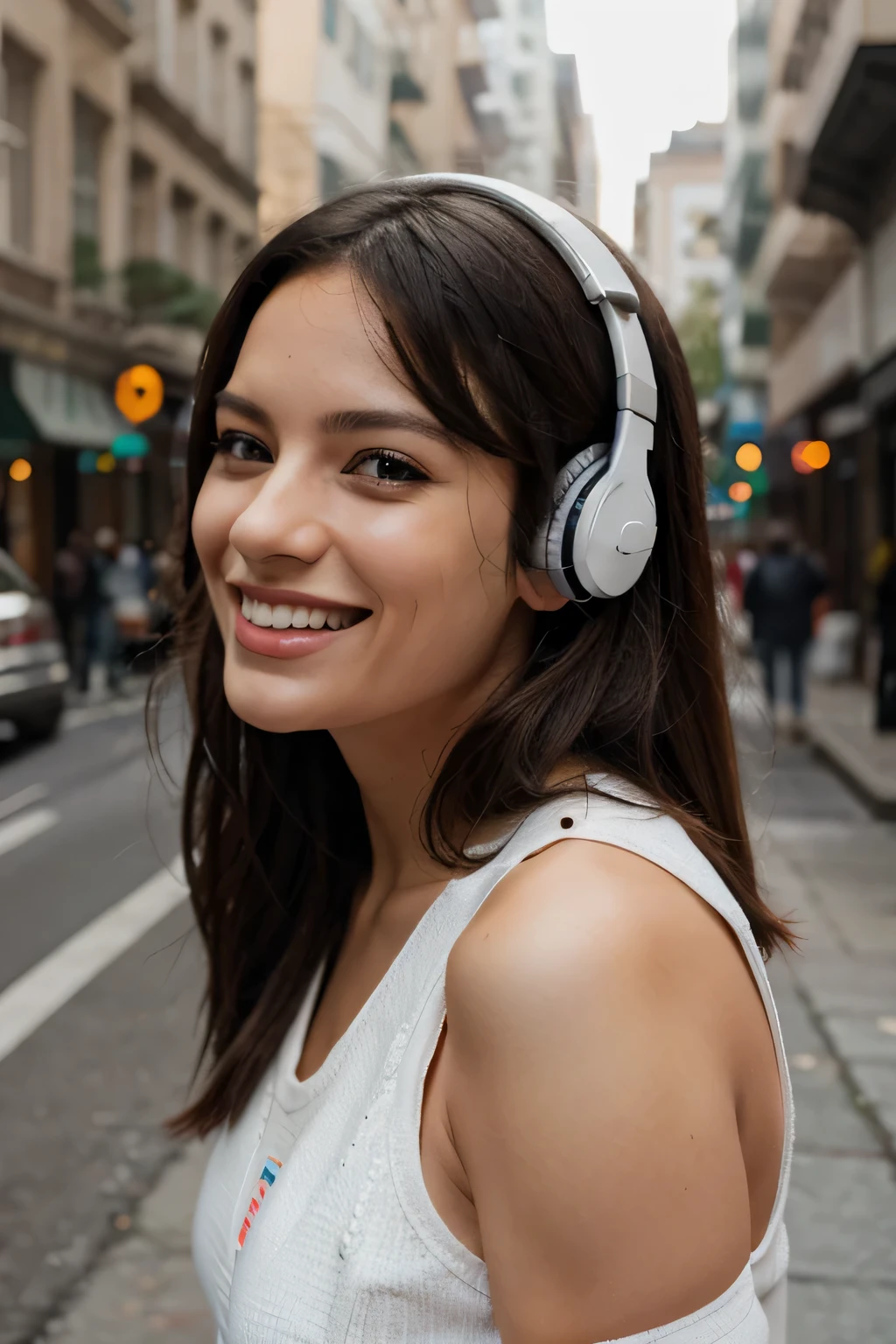 create an image of a woman laughing with headphones on