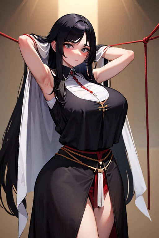 Scenario of a megalithic circle, 25 year old Italian woman, truly gigantic breasts, very long black hair, thin, her arms are outstretched and tied with ropes to a menir, black skirt, torn blouse that does not contain the breasts, slave collar