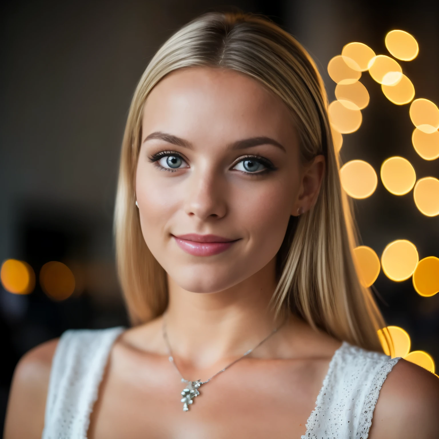 (RAW photo) , 1girl, cute, 20 years old, long blonde hair , smiling, look at viewer, ((((silver satin cape tied at the neck)))+++, side spilt skirt , photo, realistic, best quality, hires, detailed face, detailed background, diffused lighting, depth of field, bokeh