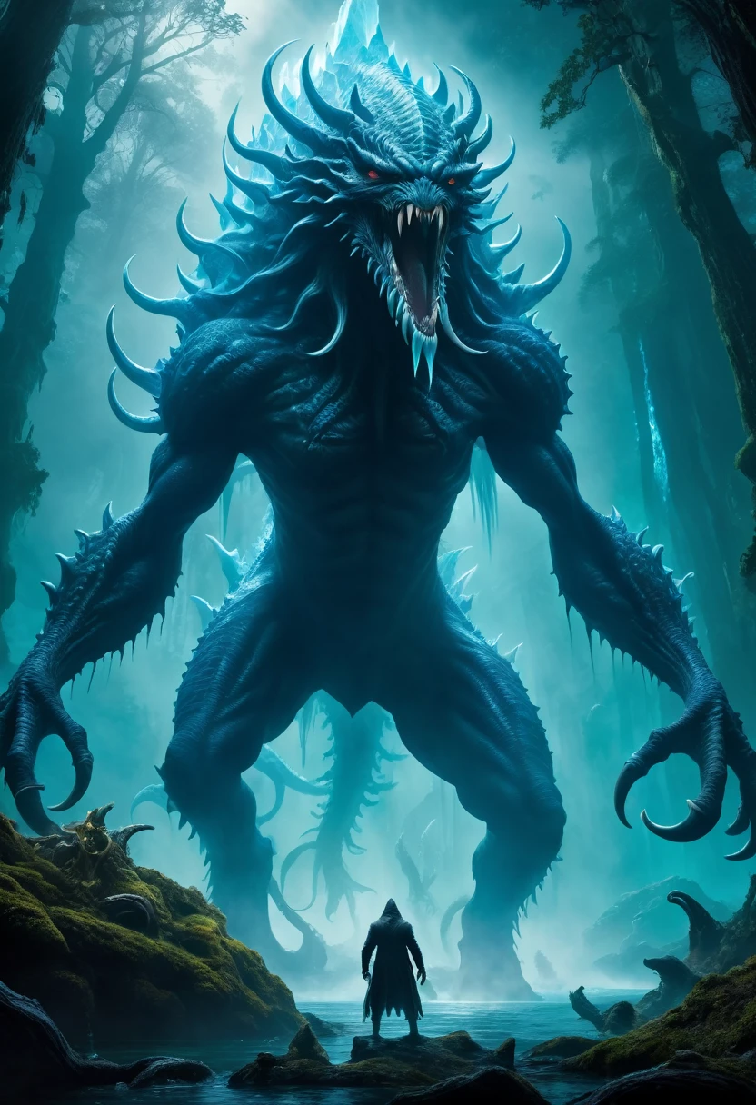 best quality,4k,8k,highres,masterpiece:1.2,ultra-detailed,realistic:1.37, menacing creature,exquisite,crustacean-like kaiju,poisonous,haunting,breathtaking design,dynamic angle,from the side,(An extraterrestrial creature is floating around the environment, shooting an ice elemental beam. Its grotesque anatomy resembles lovecraftian horrors),intricate patterns,mysterious atmosphere,shadowy brilliance,dimly lit, intense focus on details,gloomy and enigmatic, vivid colors,vibrant hues,subtle shading,stark contrast, soft and diffused lighting,casting eerie shadows, (exquisite biome),dense putrid forest,mystical glow, imposing and menacing presence,nightmarish encounter,ominous aura,mystifying allure,venomous secretion, sinister vibration,spreading unease,inducing awe, magnificent creature,dark enchantment, gothic, Cinematic
