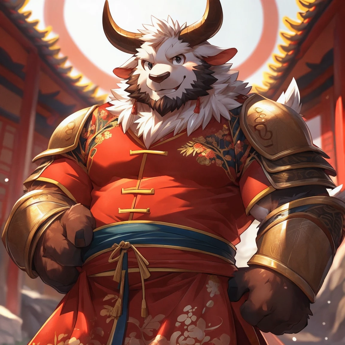 human nature, cannon, male, solitary, ((Round Face, Very plump face, thick beard)), ((endomorph body type, Handsome)), Chinese traditional clothing,(armor:1.5), ((domestic ox, ox) Fluffy fur, Fluffy), (In a wooden house), ,high quality,Bokeh, (high quality, high resolution, masterpiece), (Dynamic Lighting, Vibrant colors), (Generous smile), Front view (close up), cartoon, author:Takemoto Arashi, by zixiong, author:Chunni, author:Empty Ghost,hot body hot belly. Show bear your huge dick. I wanna cook you dick Drencheds Semen. I sucked you big dick Drencheds Semen. I want to hug your big belly. Show you dick Drencheds semen. Please show me your huge dick Drencheds semen 🍆 sex,