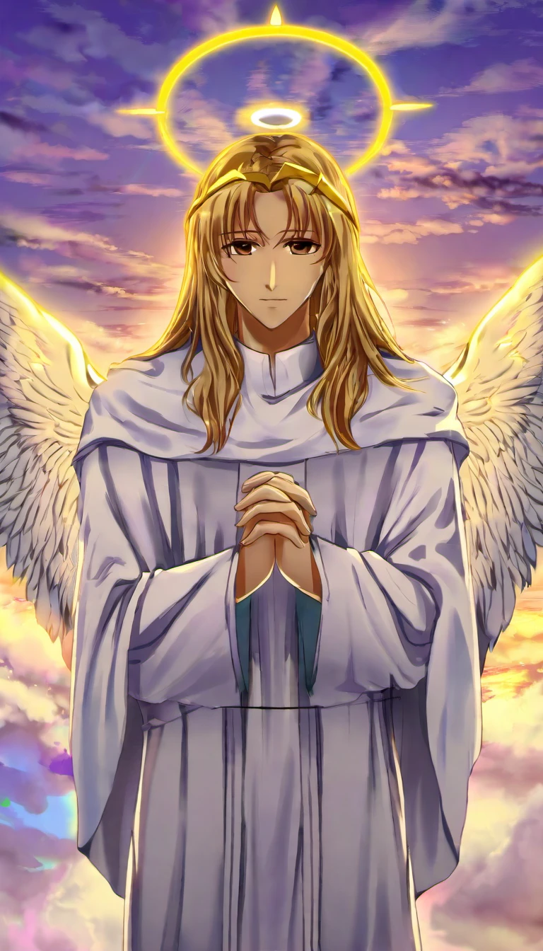 archangel gabriel, femmine male, brown eyes, long golden hair, white wings, white robes, halo, clasped hands, clouds
