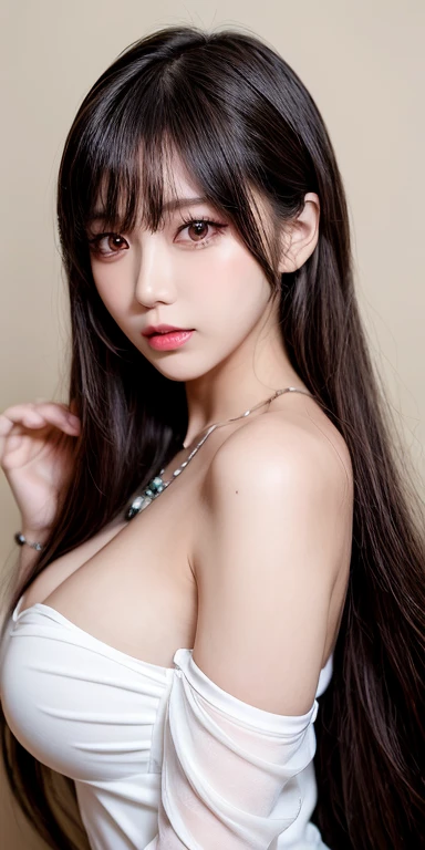 Canon RF 85mmf/1.2,masutepiece,Best Quality,超A high resolution,tu,1 girl,(Korean mixed,Kpop Idol:1.2),Solo,white_shiny_skin,Black eyes,Necklace,brown_long_Wavy_hair,Red_shiny_Lips,Eyelashes,Bangs,deal,make - up,shiny,Pore,skin texture,Bracelet,off shoulders,See-through,Big breasts