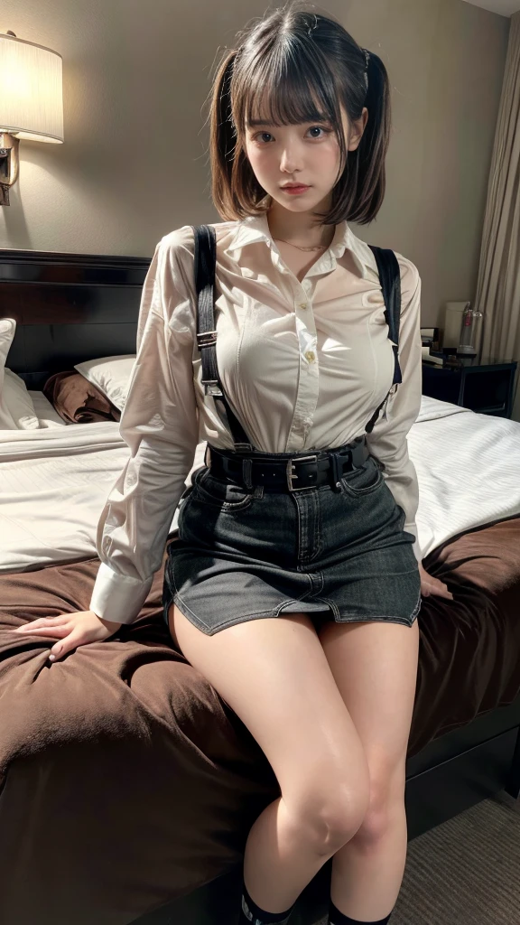 muste piece, best quality, illustration, Super detailed, fine details, High resolution, 8K,wall paper, perfect dynamic composition,(Details High quality, realistic depiction of eyes:1.3), (Fashionable, a belt black suspenders, Aside Cutter Shirt, a miniskirt, garterbelts), short bob hair, large breasts, black hair color, Big Natural Color Lip, (perfect body shape), crying a little、cold gaze, Harajuku style、20 year old girl、cute type、lolita、beautiful legs, hotel room, Gravure Idol, Voluptuous thighs, (woman on top, straddling, sitting)