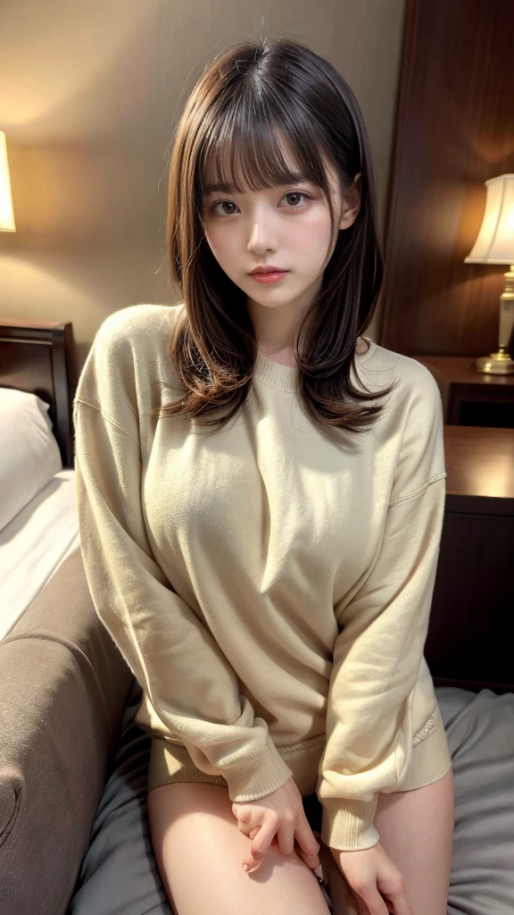 muste piece, best quality, illustration, Super detailed, fine details, High resolution, 8K,wall paper, perfect dynamic composition,(Details High quality, realistic depiction of eyes:1.3), (Fashionable、Beige oversized sweatshirt、long-sleeve), large breasts,short bob hair, black hair color, Big Natural Color Lip, bold sexy pose, crying a little、cold gaze, Harajuku style、20 year old girl、cute type、lolita、beautiful legs, hotel room, hposing Gravure Idol, woman on top, straddling, sitting)