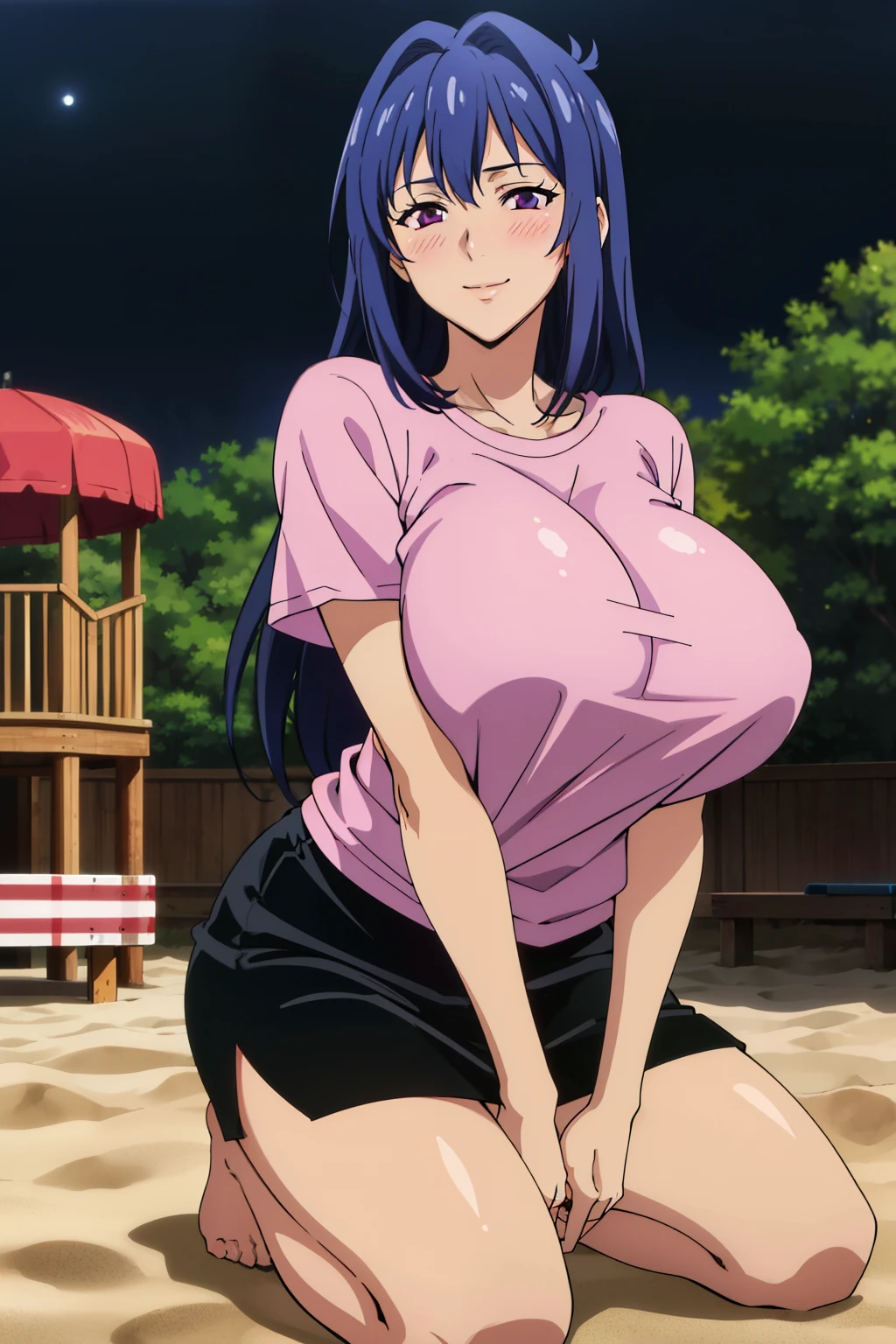 (kneeling on sand), pink t-shirt, black skirt, night playground housing area, Nijou Aki, 27 yo, mature women, anime cels style, best quality, high resolution, (gigantic breasts:1.3), cowboy shot, blush, smiling, (purple eyes), blue hair