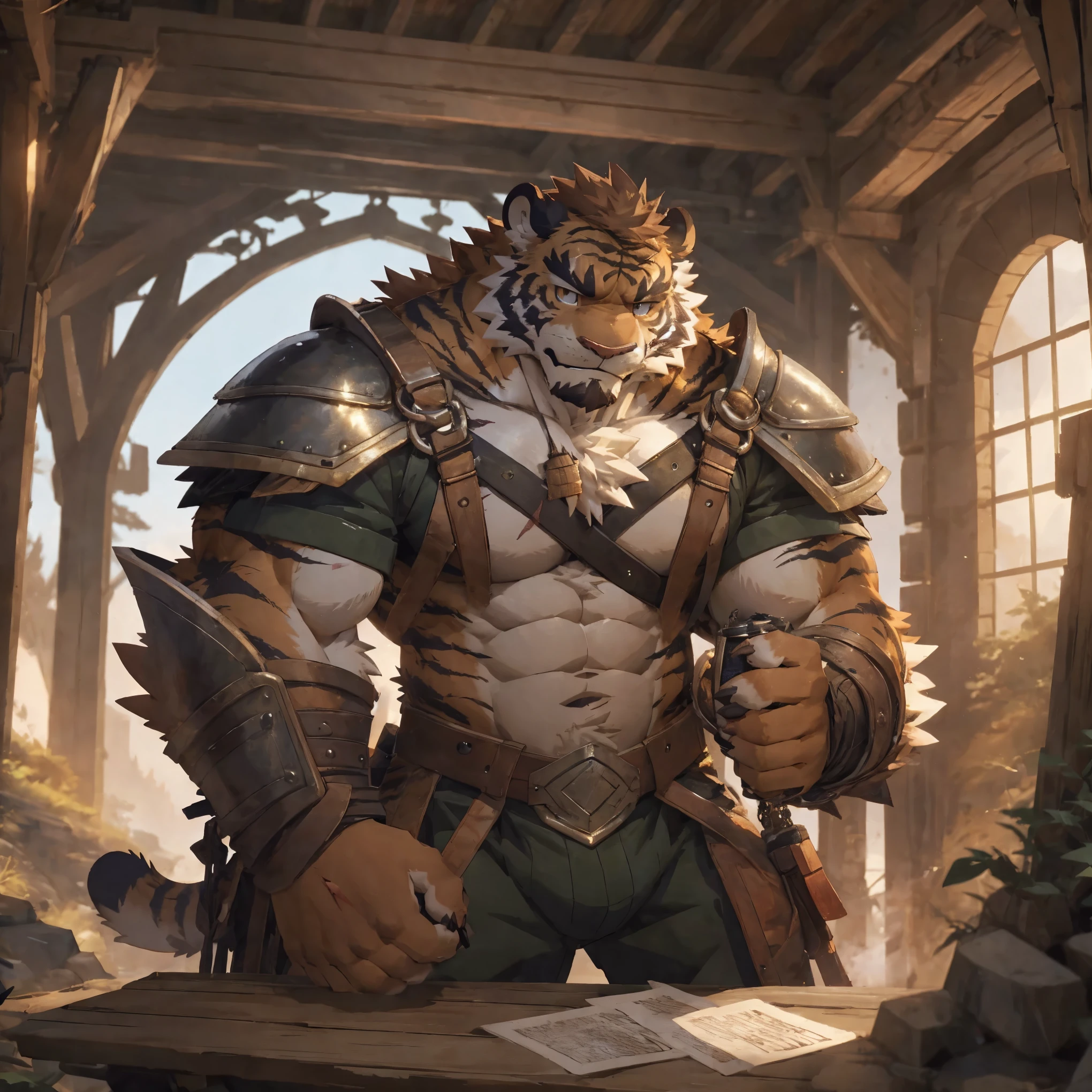 masterpiece, absurdres, 4k, game CG,high resolution, bad anatomy,
by zixiong,by Takemoto_arashi,
furry, male, muscular, scar, rider, armor, serious,
front,looking at viewer,tiger beastman