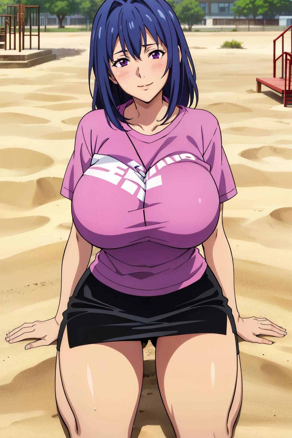 (kneeling on sand), pink t-shirt, black skirt, morning playground housing area, Nijou Aki, 27 yo, mature women, anime cels style, best quality, high resolution, (gigantic breasts:1.3), cowboy shot, blush, smiling, (purple eyes), blue hair