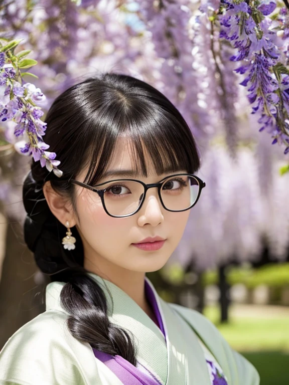 4K、highest quality、High resolution、Photorealistic、Her beautiful black hair is neatly tied up、Beautiful realistic Japanese woman aged 35、Detailed beautiful eyes, Detailed face, Beautiful Skin, Looking at the camera、A park with wisteria blooming during the day, She is wearing a beautiful and elegant kimono., Very large breasts,  Always wears glasses, Cowboy Shot