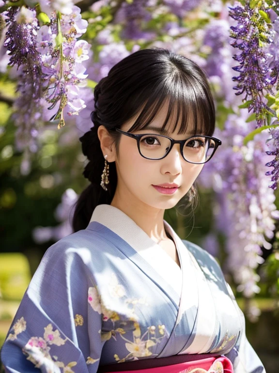 4K、highest quality、High resolution、Photorealistic、Her beautiful black hair is neatly tied up、Beautiful realistic Japanese woman aged 35、Detailed beautiful eyes, Detailed face, Beautiful Skin, Looking at the camera、A park with wisteria blooming during the day, She is wearing a beautiful and elegant kimono., Very large breasts,  Always wears glasses, Cowboy Shot