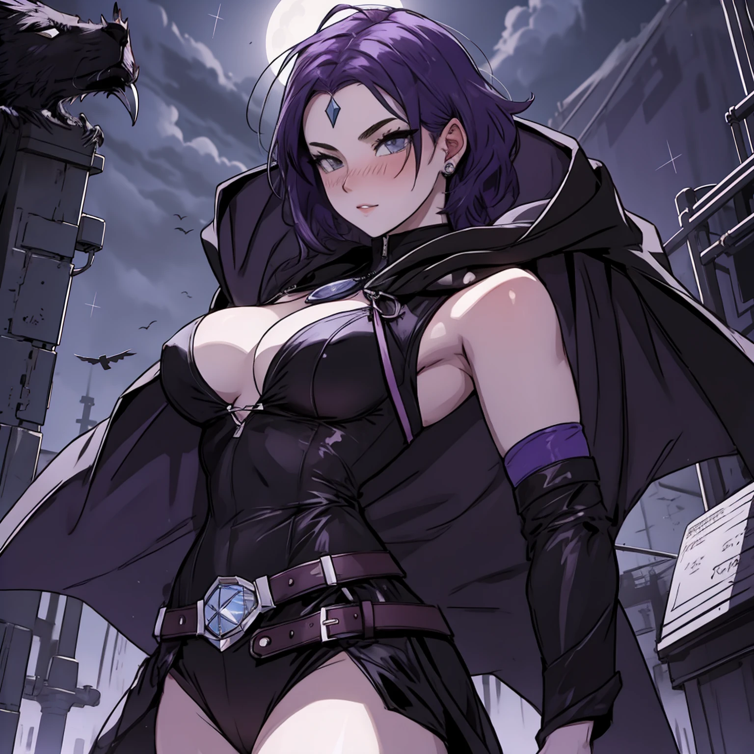 ((1girl)), (solo), raven, black leotard, black cape, hood, purple hair, forehead jewel, purple eyes, short hair, belt, skin tight, standing, cleavage, toned, breasts, pose, night, moonlight, ((posing)), motion lines, torso, upper body, portrait, b&w. outline,