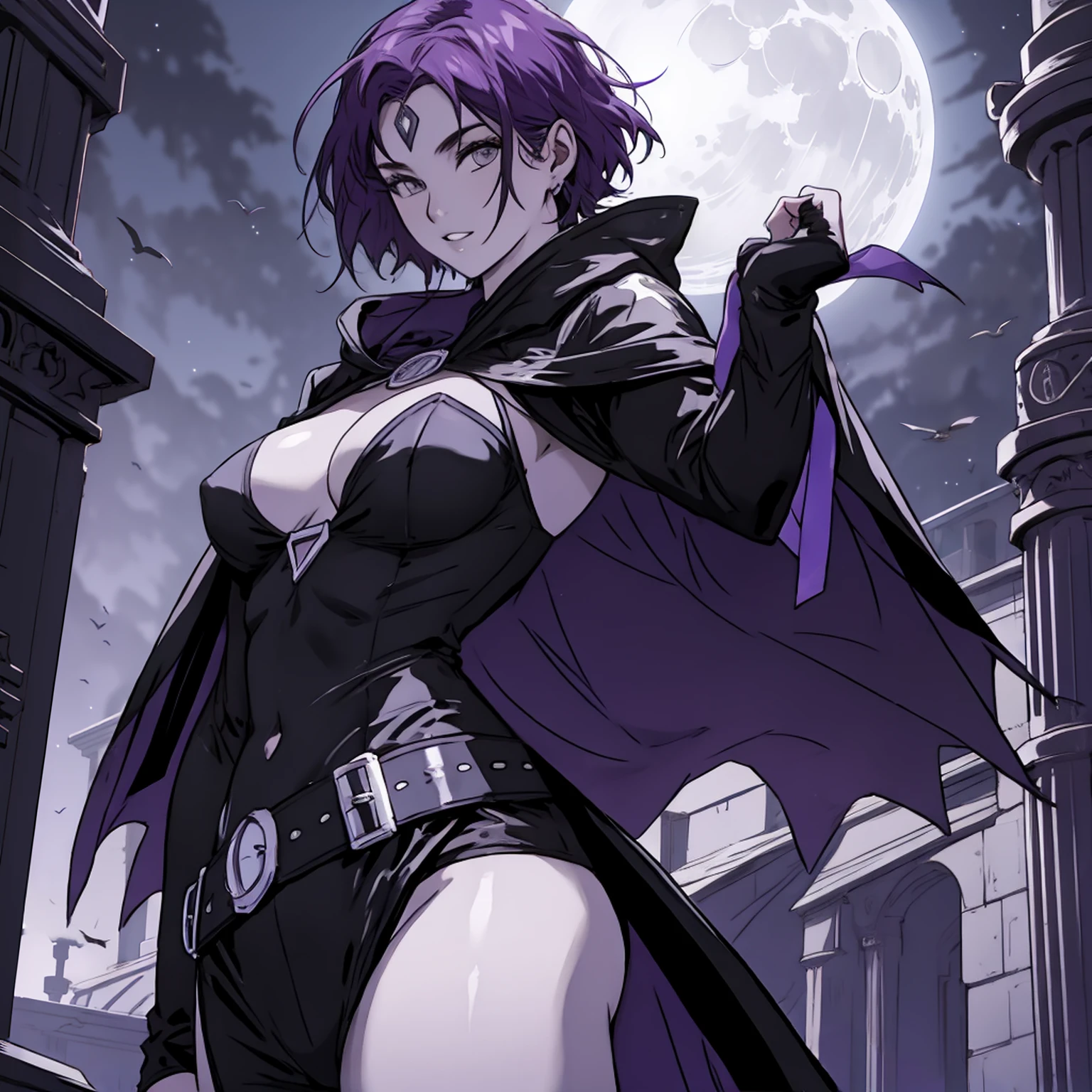 ((1girl)), (solo), raven, black leotard, black cape, hood, purple hair, forehead jewel, purple eyes, short hair, belt, skin tight, standing, cleavage, toned, breasts, pose, night, moonlight, ((posing)), motion lines, torso, upper body, portrait, b&w. outline,