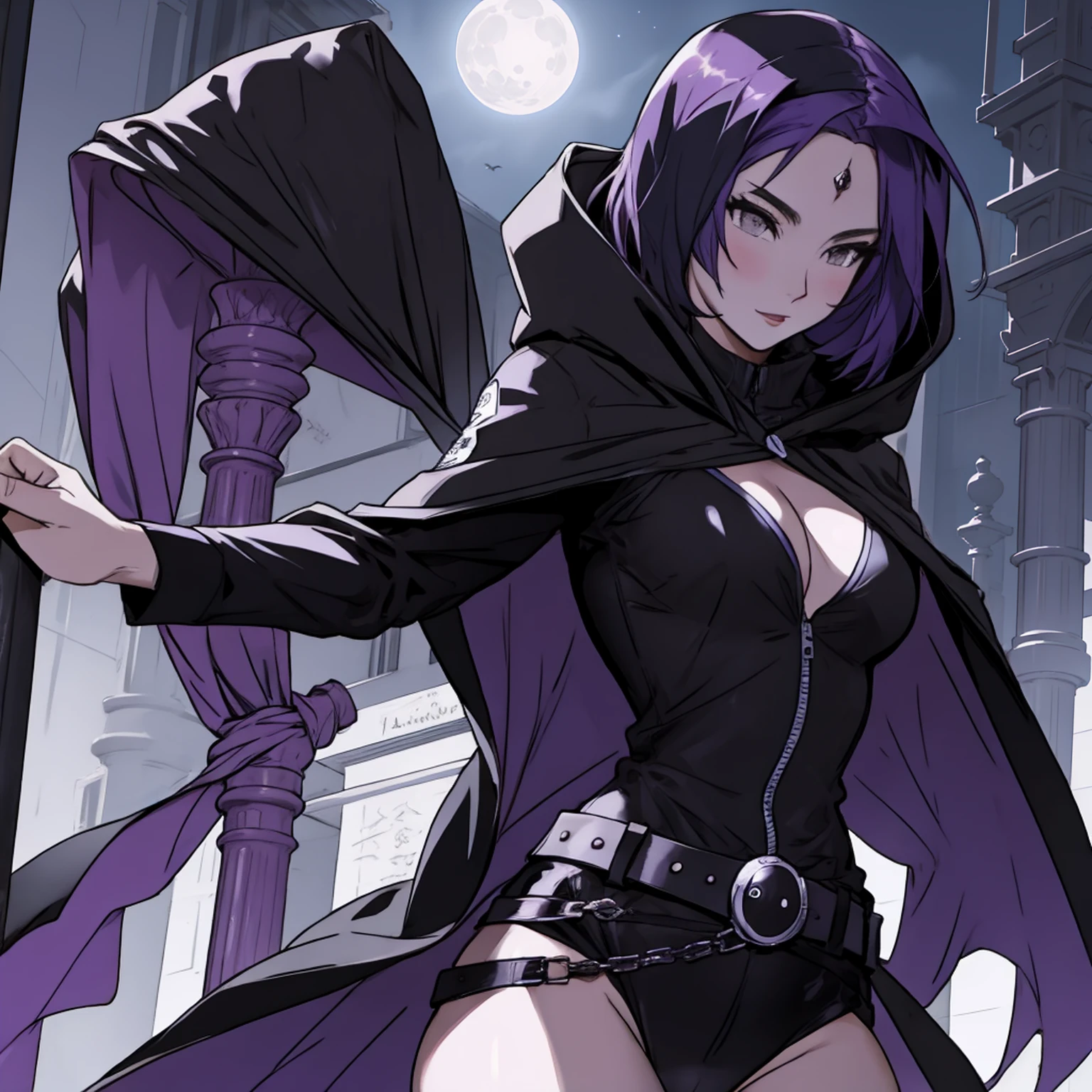 ((1girl)), (solo), raven, black leotard, black cape, hood, purple hair, forehead jewel, purple eyes, short hair, belt, skin tight, standing, cleavage, toned, breasts, pose, night, moonlight, ((posing)), motion lines, torso, upper body, portrait, b&w. outline,