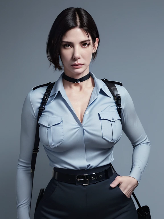 Sandra Bullock, 35 years old, caucasian, ((1 girl)), short bob hair, brown eyes, lively eyes, beautiful, blushing, seductive, natural makeup, sexy lips, perfect jawline, ((very large breasts)), big hips, slim, thigh gap, thick thighs, perfect hands, fair skin, confident, ((black choker)), police officer, (light blue police uniform with chest pockets), buttoned down collared shirt, cleavage, (chest pockets on both sides), name tag, police badge, (black pencil skirt), black police belt, black stockings, professional look, photorealistic, inside police station, detailed background, ultra realistic, professional, masterpiece