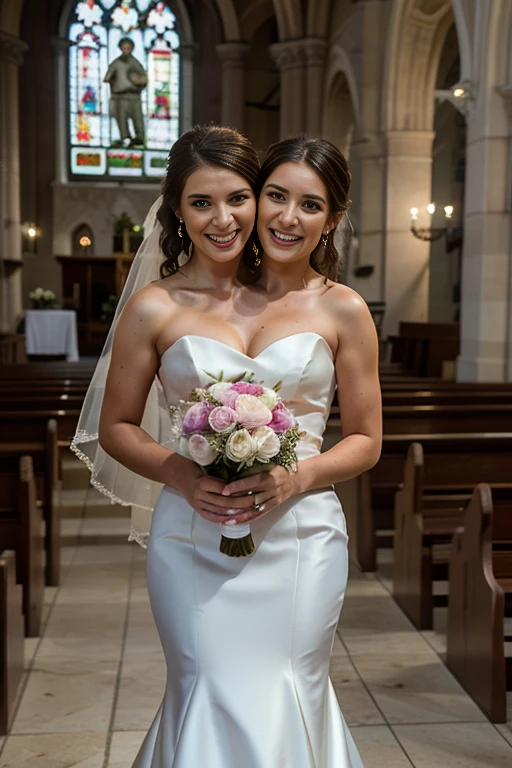 Dslr photo, photograph, candid, (8k, 4k, masterpiece), beautiful pretty sweet woman, bride, bright smile, holding bouquet, wedding dress, standing in church, standing, solo, 1girl, (2heads:1.2), (two heads and two necks on the same shoulders), (two necks), space between necks, (woman with two heads), wide shoulders,