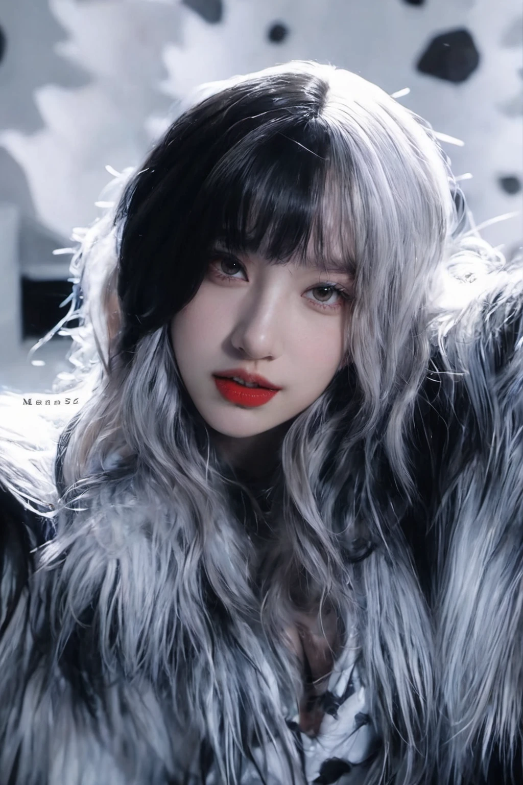Un primer plano de una mujer con el pelo largo que lleva un abrigo peludo, obra de arte al estilo de guweiz, cabello plateado girl, girl cabello plateado, cabello plateado (cola de caballo), Sòng Yǔqí de G-IDLE, estilo de arte anime realista, guweiz, con el pelo largo y blanco, cabello gris nublado