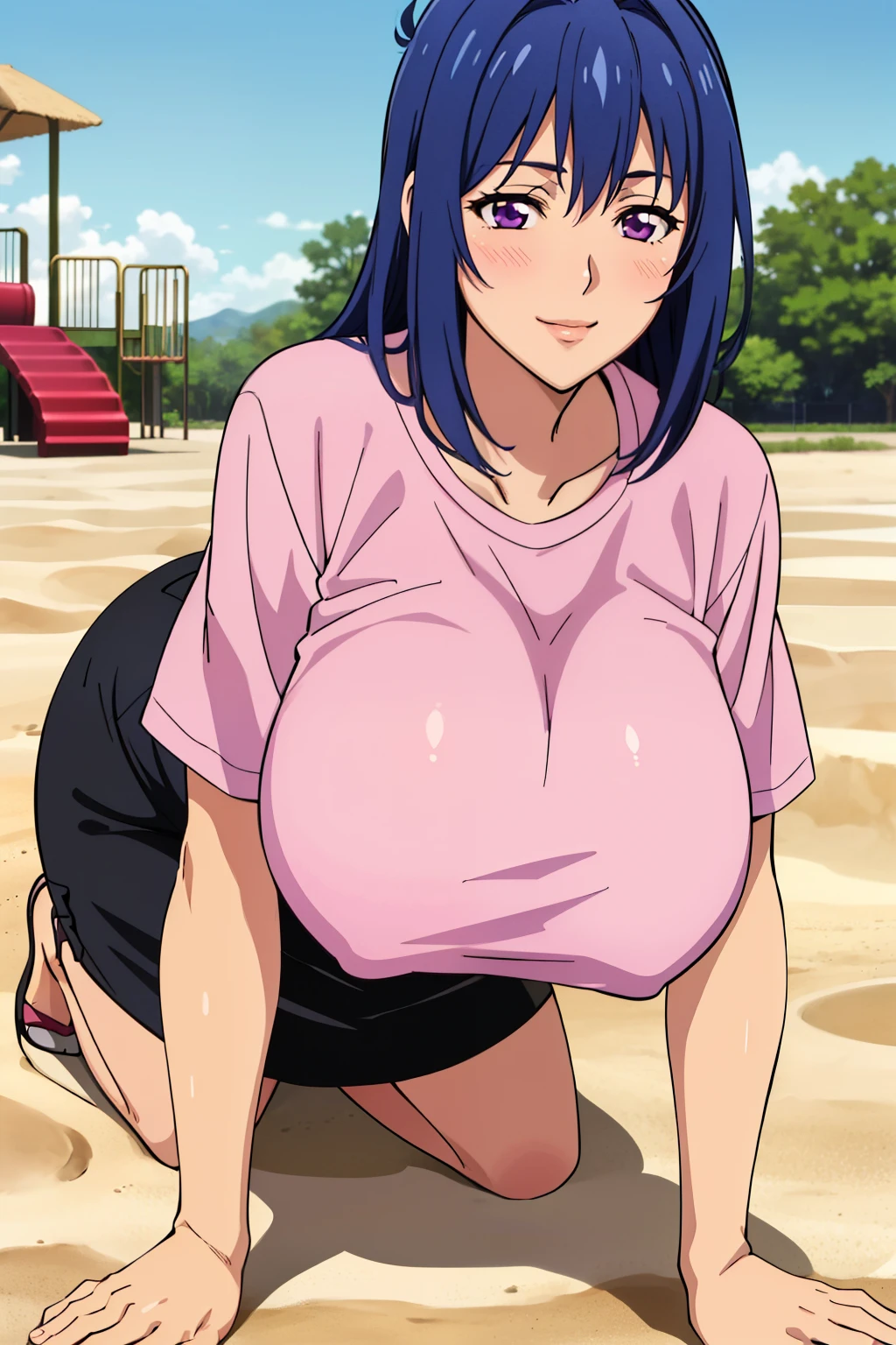 (all fours on sand), pink t-shirt, black skirt, morning playground housing area, Nijou Aki, 27 yo, mature women, anime cels style, best quality, high resolution, (gigantic breasts:1.3), cowboy shot, blush, smiling, (purple eyes), blue hair