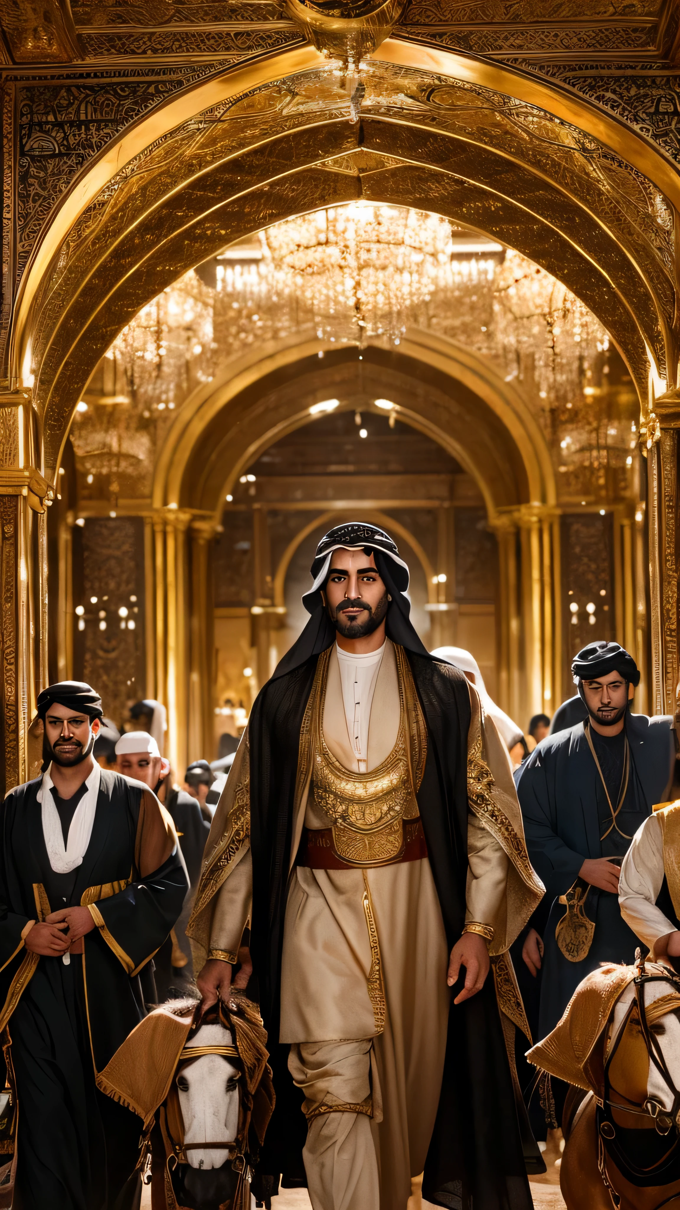 Illustrate a scene hunders Centuries ago a beutiful Arab men surrounded by wealth, children, and followers. Show him in a position of leadership and respect, reflecting his prosperous and influential status in society." (Realistic) ((UHD)) ((anatomically correct)))
