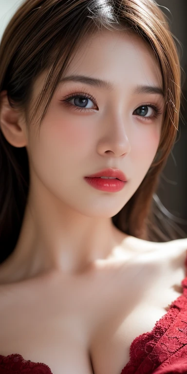 8ก, Highest quality: 1.2), Extremely detailed, thorough resolution, (realistic, realistic photo: 1.37), Portrait, high definition RAW color photograph, professionally arrested, high definition and beautiful, high definition, 8ก Image wallpaper, Amazing details, Big file size, highly detailed beautiful girl, Extremely detailed face, Finely defined eyes, The skin has a fine texture., Every feature is meticulously displayed., The fingers were neatly outlined., The nose has a precise shape., expressive lips red lipstick , perfect anatomy, background is not blurred, one story, (20:1.2), Twenty generations, cute girl, realistic