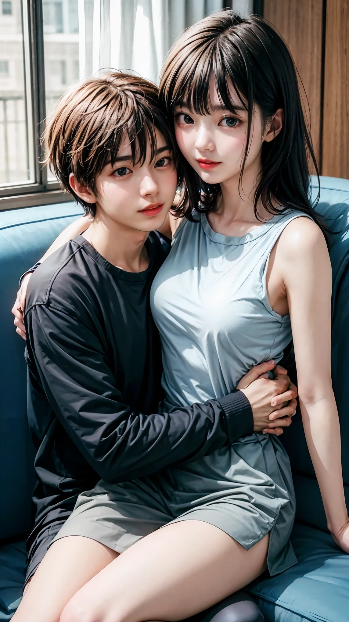 highest quality、4K quality、Man sitting on sofa、Tank top woman straddling a man facing him、Man hugs woman's breasts、A man puts his hand on a woman&#39;s crotch、slender、Small face、、