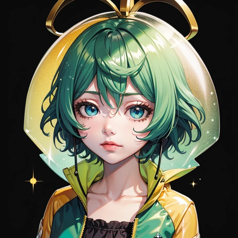 (Masterpiece, Best quality,8K,CG),1girl,short hair, (Black hair |Green hair), Rainbow hair colorcolored hair,Hair color is gradual,
(Transparent plastic jacket:1.2),black shirt,(Simple background:1.2) ,Bright, Light particles, Mole Under Eye, Hairballs, Big bubble, Clavicle, Hair bar, Light particles, Solar flare,