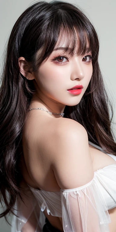 Canon RF 85mmf/1.2,masutepiece,Best Quality,超A high resolution,tu,1 girl,(Korean mixed,Kpop Idol:1.2),Solo,white_shiny_skin,Black eyes,Necklace,brown_long_Wavy_hair,Red lipstick bright_shiny_Lips,Eyelashes,Bangs,deal,make - up,shiny,Pore,skin texture,Bracelet,off shoulders,See-through,Big breasts