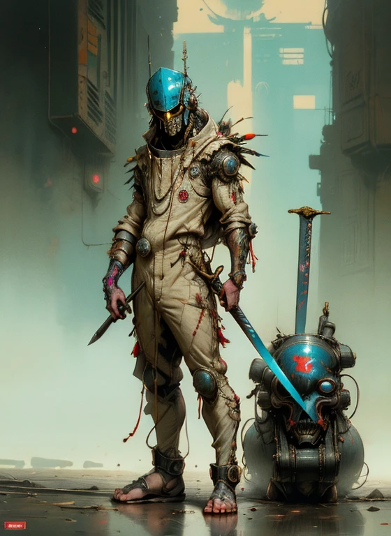 perfect proportions, anatomically correct, (head to toe: 2.0), (full body image: 2.0), solo, (Casshern: 1.6), extremely stylized, deviant art, masterpiece, highly detailed, detailed eyes, expressive detailed eyes, detailed pupils, futuristic, ((1950s scifi helmet)), ((pointy helmet)), Rubber Gloss, (flightsuit:1.4), big boots, entire body image, full body shot, nvinkpunk, professional photograph of alexander_skarsgard, tassles, large beads, (large tassels), cyberpunk, inkpunk, paint platter, ink splatter, (action pose:1.0), ((holding a sword))