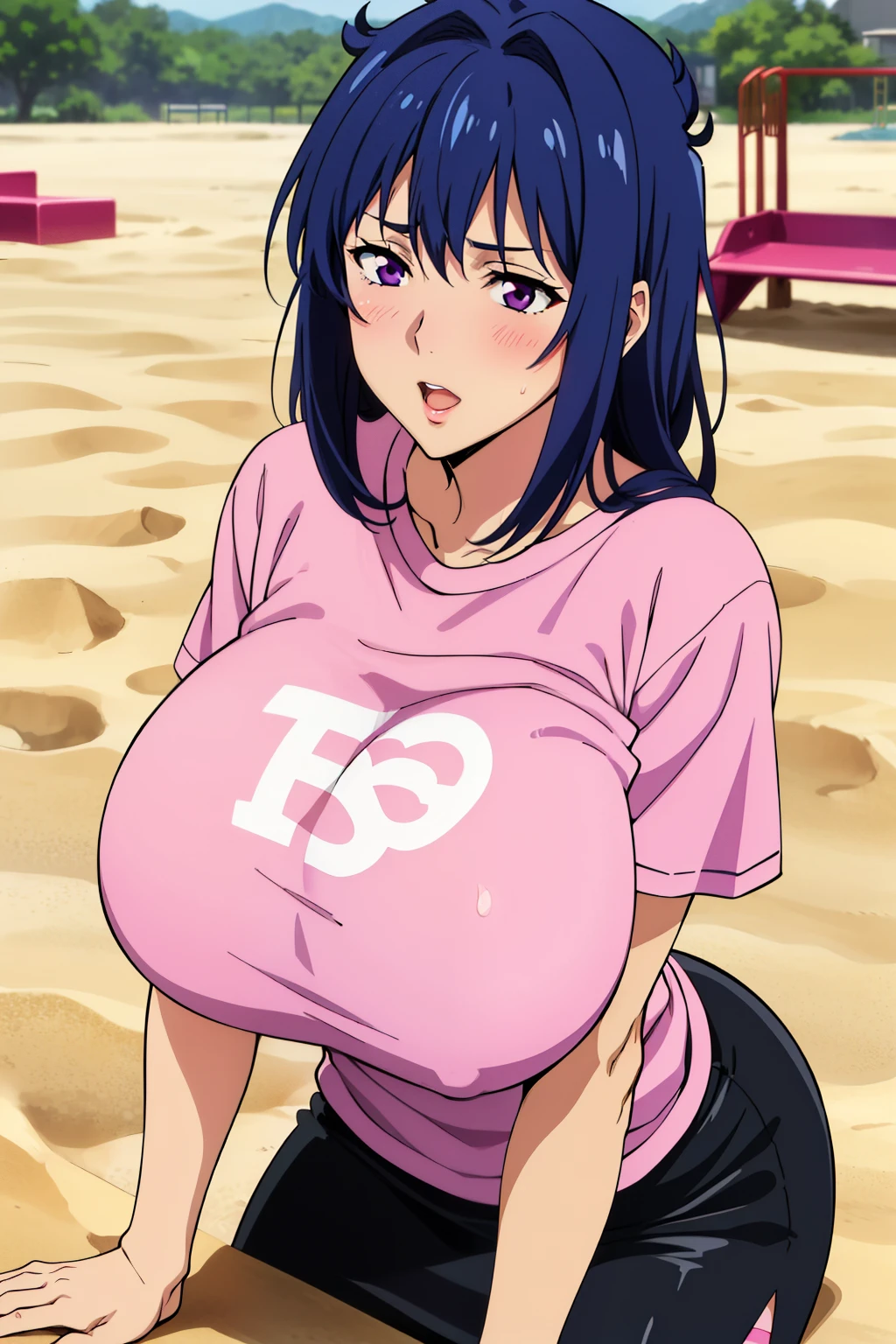 (all fours on sand), want to kiss pose, pink t-shirt, black skirt, morning playground housing area, Nijou Aki, 27 yo, mature women, anime cels style, best quality, high resolution, (gigantic breasts:1.3), cowboy shot, blush, puckered up mouth, (purple eyes), blue hair