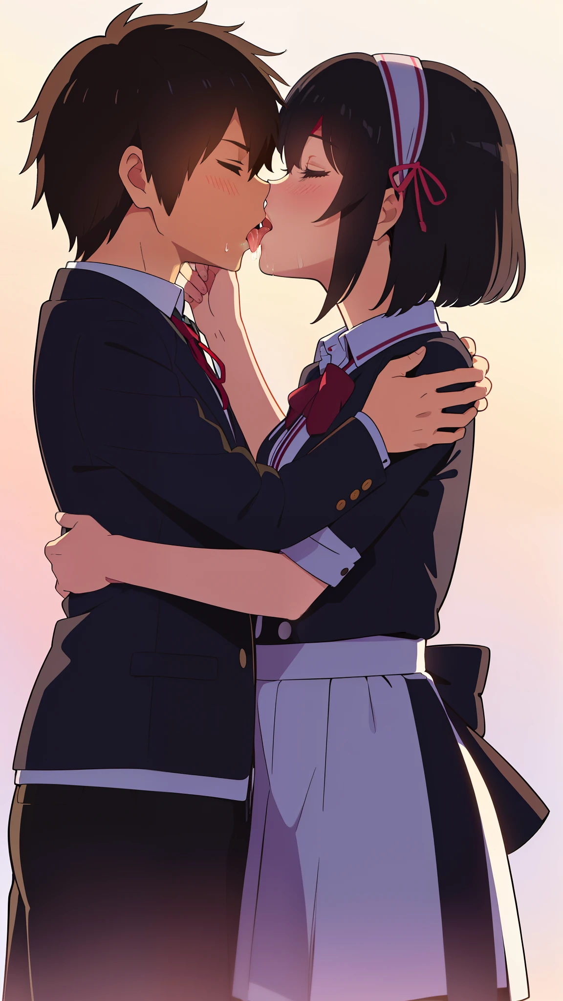 shinkai makoto, kimi no na wa., 1girl, 1boy, bangs, black hair, short hair, blush, (boy wear black pants), ((girl wear blue skirt, red headband, red ribbon)), shirt, white shirt, short sleeves, cute, love, couple, adorable, dating, (((kiss, deep kiss, tongue, saliva))), closed eyes, passionate hug, dynamic light, valentine background, sunset background, In a romantic atmosphere, Feel the romantic theme of Valentine's Day