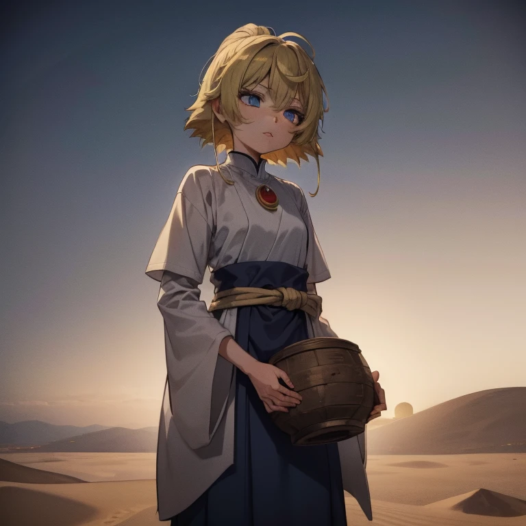 An Alawite woman wearing traditional dress carrying a small drum in the desert, Young woman wearing shamanic garb, Girl holding field, Silk Road movie scene, Beautiful guys, Personal shot, Old Princess Lip, The vanishing line of the desert lies below the woman&#39;s waist, The sky is clear and transparent.  