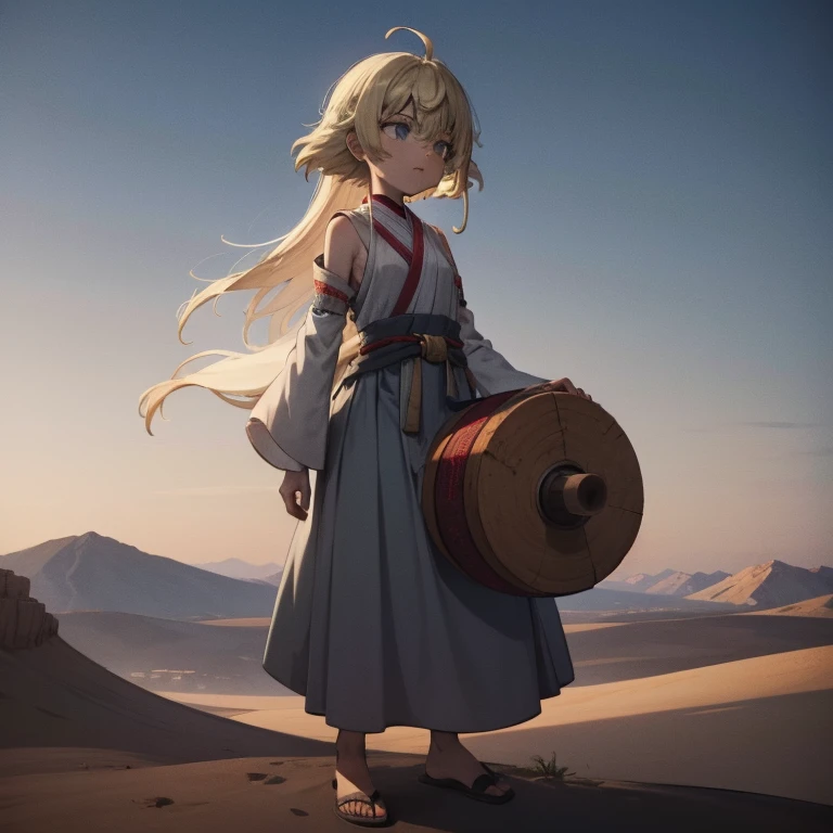An Alawite woman wearing traditional dress carrying a small drum in the desert, Young woman wearing shamanic garb, Girl holding field, Silk Road movie scene, Beautiful guys, Personal shot, Old Princess Lip, The vanishing line of the desert lies below the woman&#39;s waist, The sky is clear and transparent.  