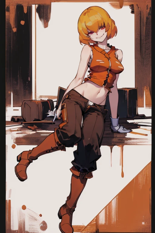 ((highest quality)), ((masterpiece)), (be familiar with),Clementine,Overload,{{nsfw}},Sleeveless shirt,pants,Bewitching Smile,whole body,boots