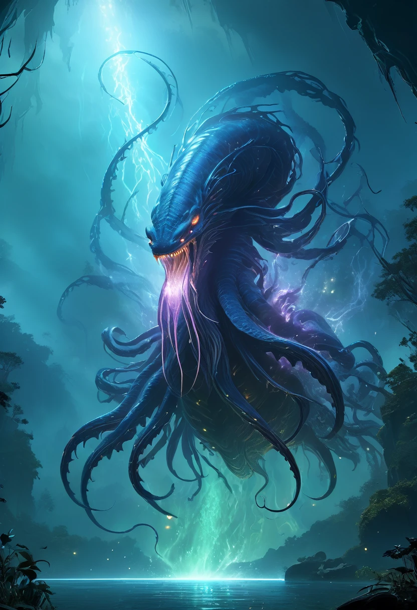 best quality,4k,8k,highres,masterpiece:1.2,ultra-detailed,realistic:1.37, menacing creature,exquisite,crustacean-like,poisonous,haunting,breathtaking design,dynamic angle,from the side,(An extraterrestrial creature is floating around the environment, shooting an energy beam from one of its limbs. Its exquisite shape resembles lovecraftian horrors),intricate patterns,mysterious atmosphere,shadowy brilliance,dimly lit, intense focus on details,gloomy and enigmatic, vivid colors,vibrant hues,subtle shading,stark contrast, soft and diffused lighting,casting eerie shadows, (exquisite biome),dense putrid swamp,mystical glow, imposing and menacing presence,nightmarish encounter,ominous aura,mystifying allure,venomous secretion, sinister vibration,spreading unease,inducing awe, magnificent creature,dark enchantment, gothic, Cinematic