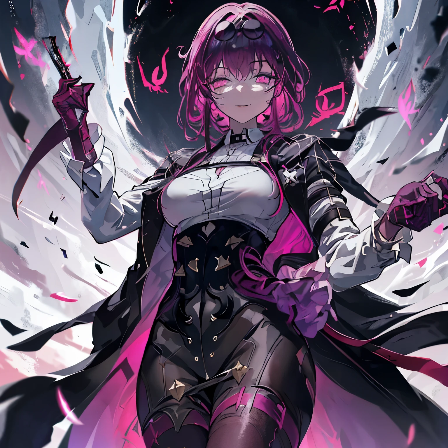 (highest quality,4K,8k,High resolution,masterpiece:1.2),Very detailed,Evil Anime Girls,Sharp focus,Vibrant colors,Gothic,Lens flare,black magic,Mysterious Landscape ,Pink Eyes,Black and purple hair,Mischievous Smile,ominous atmosphere,Grinning face,Long, slender limbs,Flowing Cape,Ominous Aura,Cursed powers,Strong gaze,Anime Style,Dim lighting,Clouds of Darkness,The presence of demons,Sharp Claws,Dagger in hand,Ominous look,mystical symbol,Glowing Rune,Night Scenery,put on a menacing smile,Aura of supernatural power,Evil seductive gaze,Malice,Shadowy figure,Tears of Blood,Mystical energy, (Detail Eye:1.5)