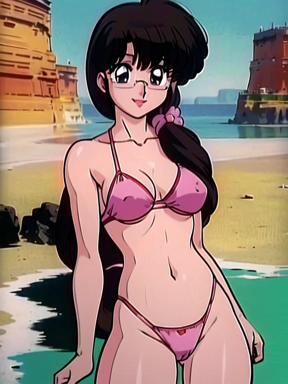 (masterpiece), (highest quality:1.0), (Ultra-high resolution:1.0),
,Beach, One girl, alone, ,View the viewer, Swimwear, arima_Ayumi,Long Hair,Black Hair,25-year-old woman, Single Pigtail,Pink Lip, Glasses,,1 braid,, smile,