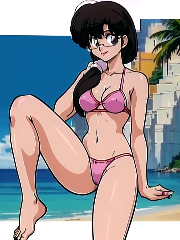 (masterpiece), (highest quality:1.0), (Ultra-high resolution:1.0),
,Beach, One girl, alone, ,View the viewer, Swimwear, arima_Ayumi,Long Hair,Black Hair,25-year-old woman, Single Pigtail,Pink Lip, Glasses,,1 braid,, smile,