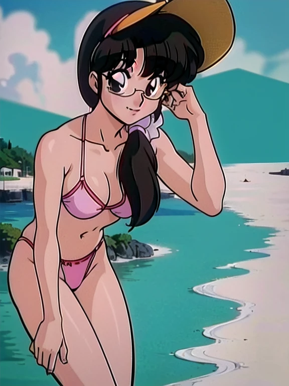 (masterpiece), (highest quality:1.0), (Ultra-high resolution:1.0),
,Beach, One girl, alone, ,View the viewer, Swimwear, arima_Ayumi,Long Hair,Black Hair,25-year-old woman, Single Pigtail,Pink Lip, Glasses,,1 braid,, smile,