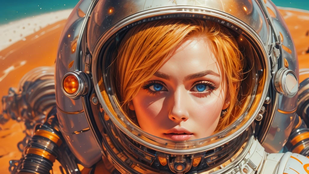 arafed image of a white woman in a futuristic suit with a spaceship in the background, movie art, in front of an orange background, inspired by Robert McGinnis, female protagonist, megastructure in the background, portrait of an ai astronaut, astronauts, an astronaut, portrait of a astronaut skeletor, perfect android girl, detailed eyes, perfectly detailed teeth, frank franzzeta and sakimichan