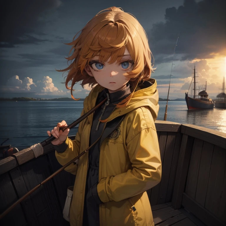 (Masterpiece:1.2), Best quality, Beautiful fisherman picture, Orange hair, 40 one, Wearing a yellow raincoat, (On a fishing boat:1.3), Dark clouds, Photoreal, Hyperreal, Excessive detail, analog style, Ready hip, Staid, Low cut, Detailed skin, Matte leather, Soft lighting, Subsurface dispersion, real, Heavy shadow, Masterpiece, Best quality, ultra real, 8K, Golden Ratio, complicated, High detail, Cinematography, Soft focus