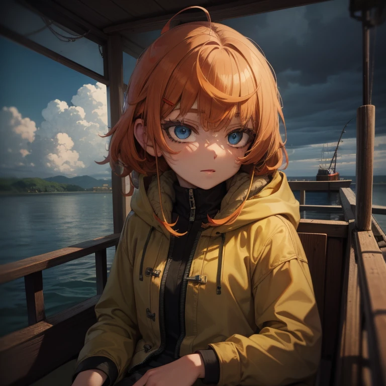 (Masterpiece:1.2), Best quality, Beautiful fisherman picture, Orange hair, 40 one, Wearing a yellow raincoat, (On a fishing boat:1.3), Dark clouds, Photoreal, Hyperreal, Excessive detail, analog style, Ready hip, Staid, Low cut, Detailed skin, Matte leather, Soft lighting, Subsurface dispersion, real, Heavy shadow, Masterpiece, Best quality, ultra real, 8K, Golden Ratio, complicated, High detail, Cinematography, Soft focus