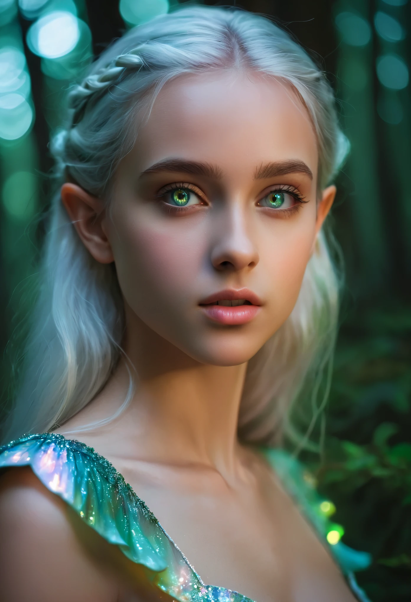 (best quality,4k,8k,highres,masterpiece:1.2),ultra-detailed,(realistic,photorealistic,photo-realistic:1.37),fantasy, (elf:1.5), beautiful girl,14 years old, close-up of face, silver hair, (iridescent slit eyes:1.4), detailed features, ethereal atmosphere, soft lighting, enchanted forest, flowing gown, graceful stance, vibrant colors, (NSFW:1.3), nipples