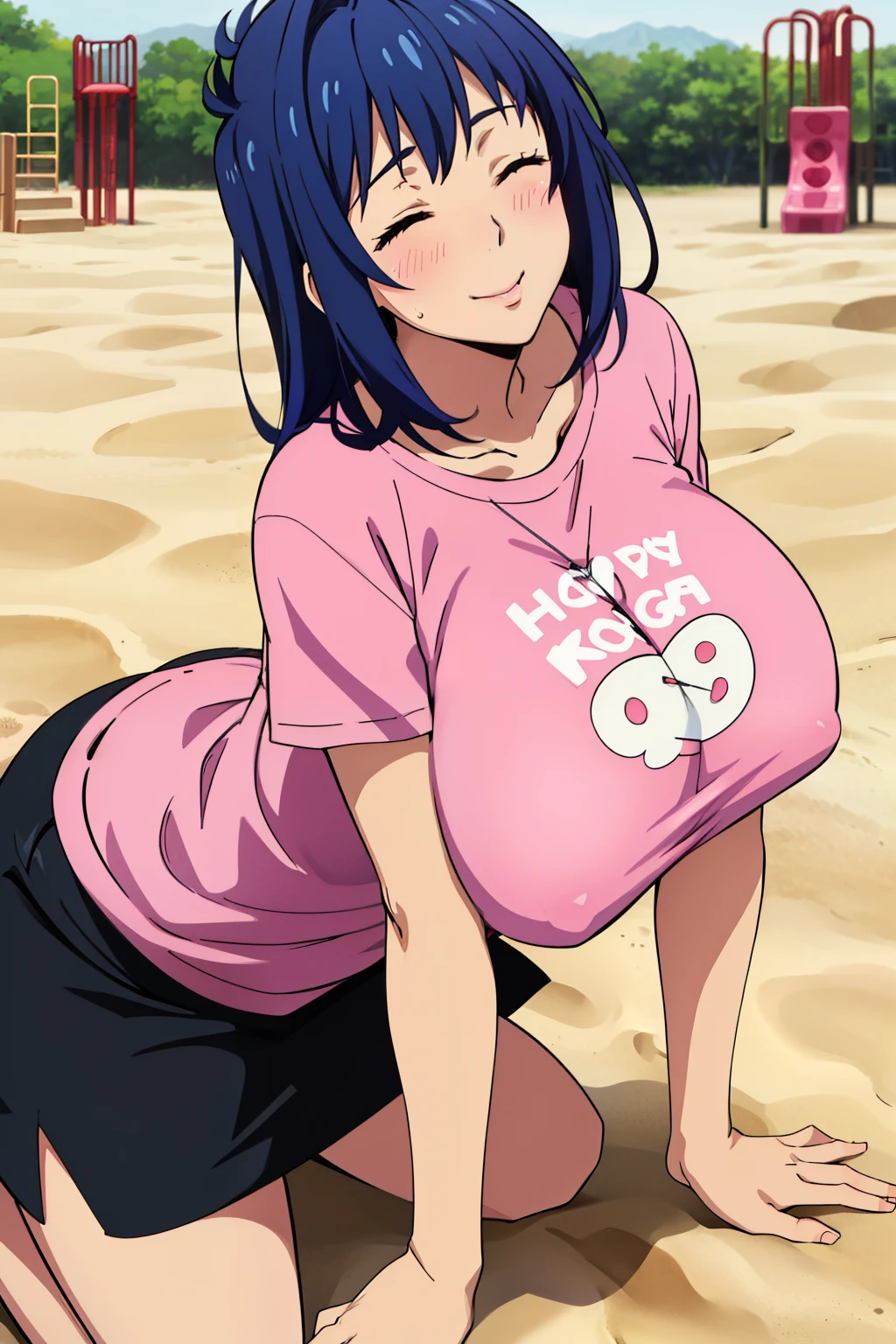 (all fours on sand), want to kiss pose, pink t-shirt, black skirt, morning playground housing area, Nijou Aki, 27 yo, mature women, anime cels style, best quality, high resolution, (gigantic breasts:1.3), cowboy shot, blush, puckered up mouth, happy face, (closed eyes), blue hair, looking at viewer