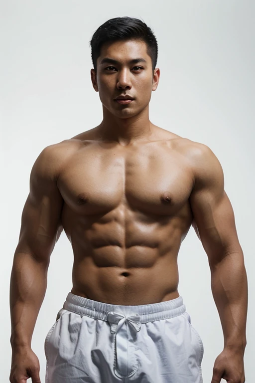 Asian men, Police Costume, Topless, Athlete body, Full Frame, Professional Lighting, White Background