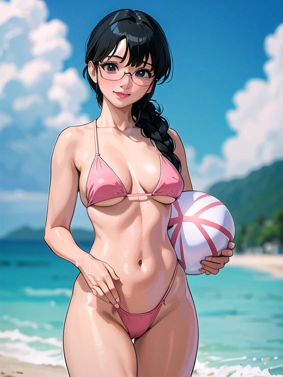 (masterpiece), (highest quality:1.0), (Ultra-high resolution:1.0),
,Beach, One girl, alone, ,View the viewer, Swimwear, arima_Ayumi,Long Hair,Black Hair,25-year-old woman, Single Pigtail,Pink Lip, Glasses,,1 braid,, smile,