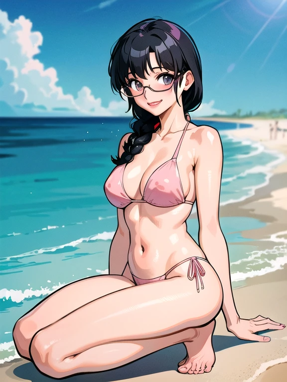 (masterpiece), (highest quality:1.0), (Ultra-high resolution:1.0),
,Beach, One girl, alone, ,View the viewer, Swimwear, arima_Ayumi,Long Hair,Black Hair,25-year-old woman, Single Pigtail,Pink Lip, Glasses,,1 braid,, smile,