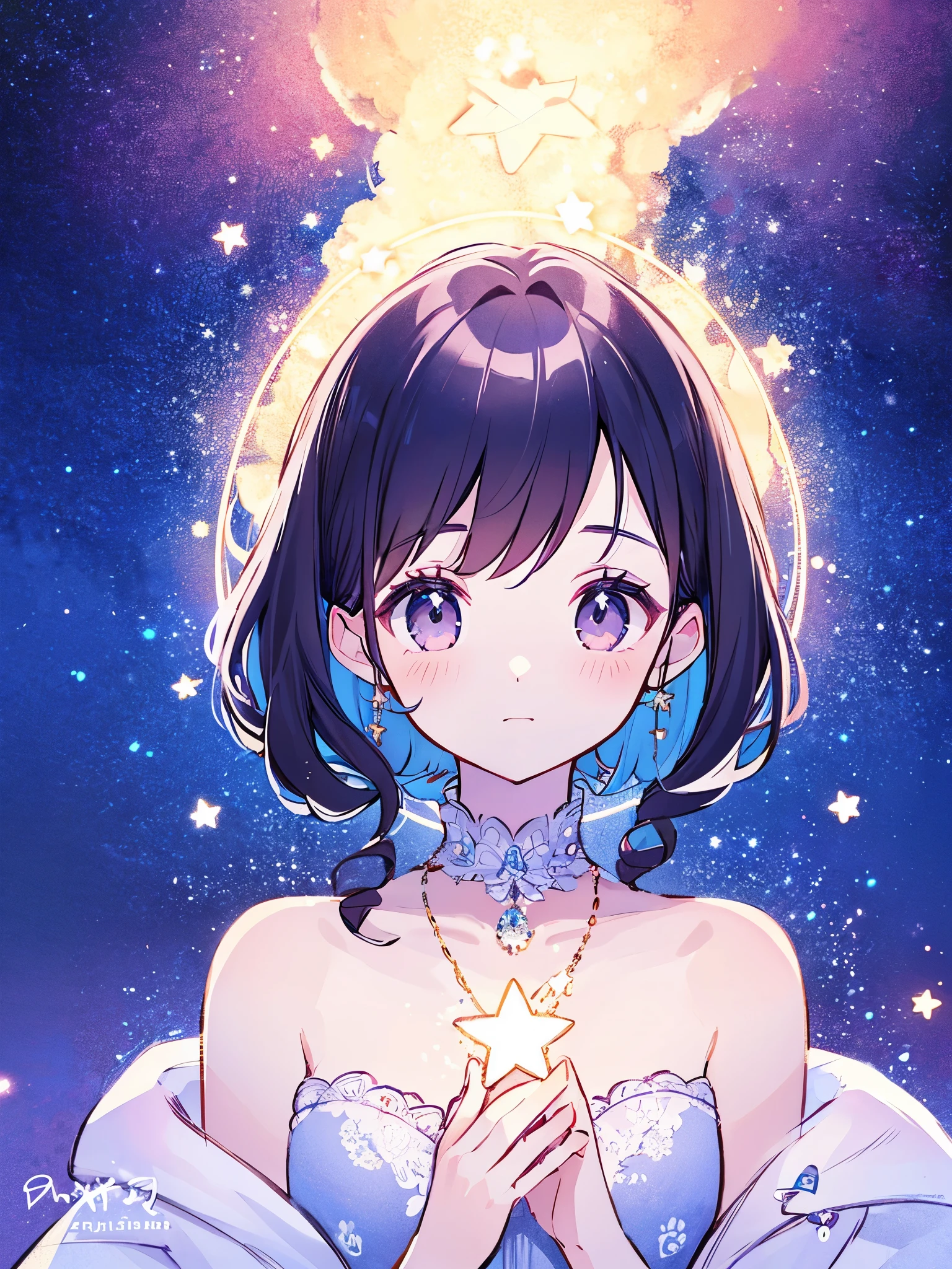 complex background, portrait, wishing star background, a woman wearing an ethereal mystical pink translucent dress that reflects the stars, perfume promo art, mystic, complex drawing, highly detailed, Covergirl brand, promo art, artistic rendition, ethereal, starry night, midjourney style